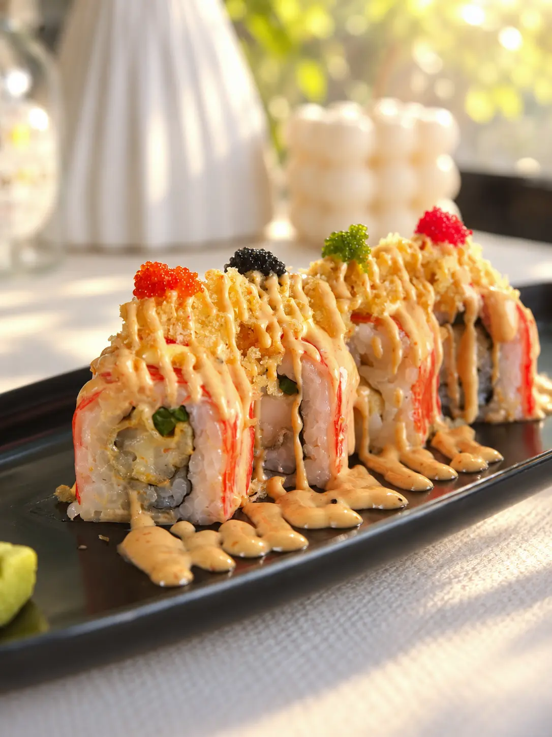Crab and tempura sushi roll with tobiko