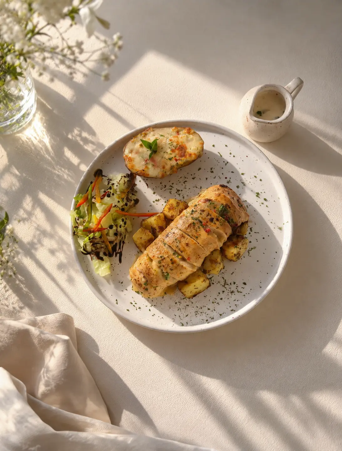 Stuffed chicken with baked potato and salad