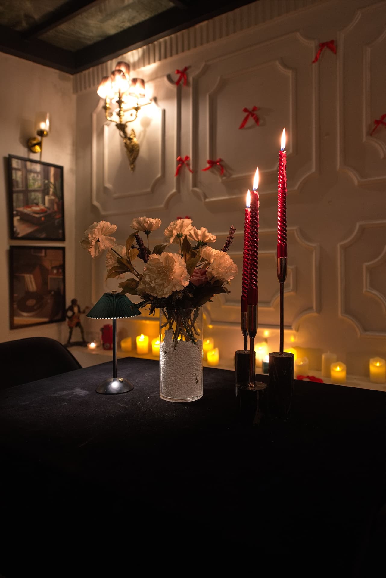 Flowers and candles arranged in the VIP Lounge