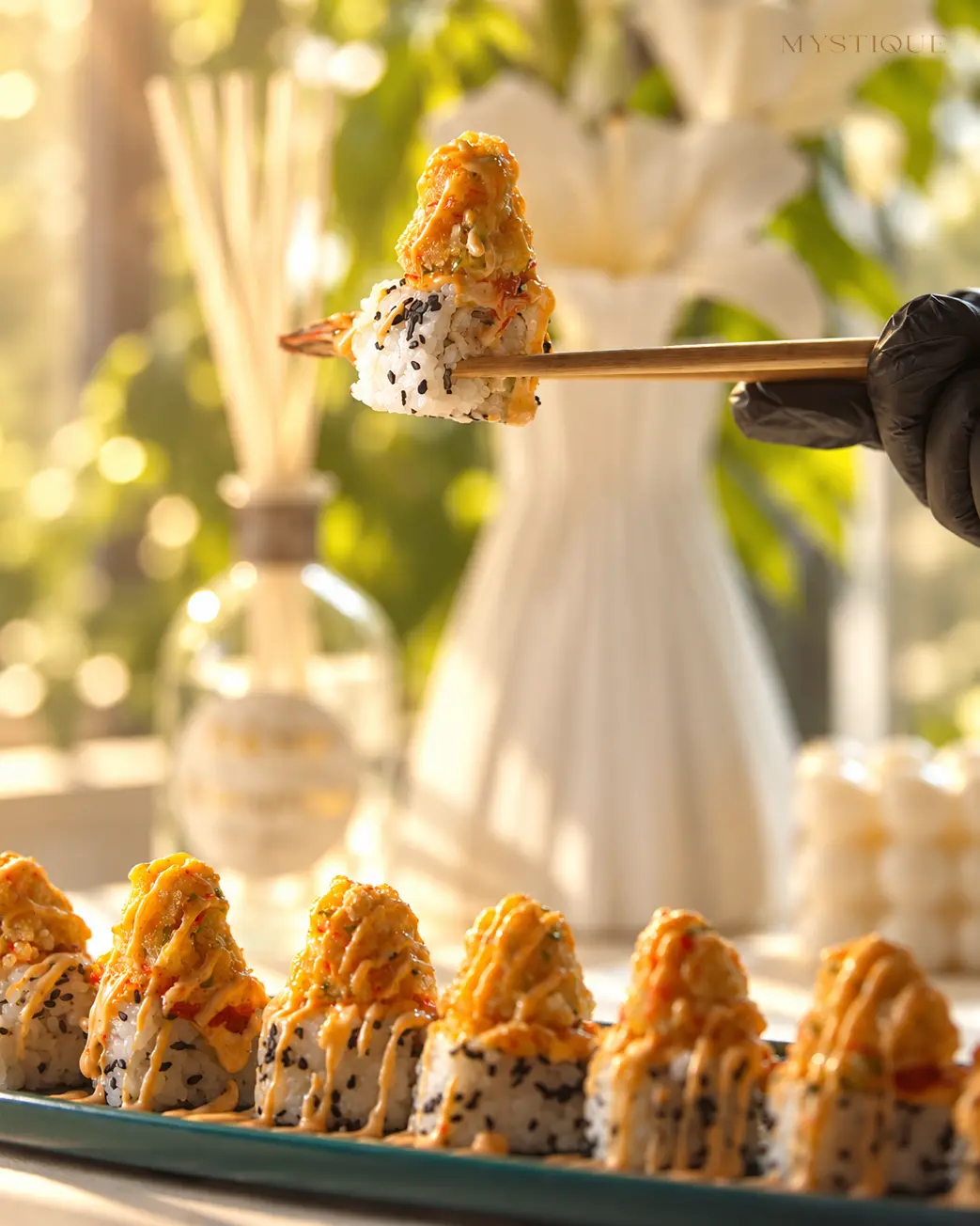 Crispy sushi lifted with chopsticks