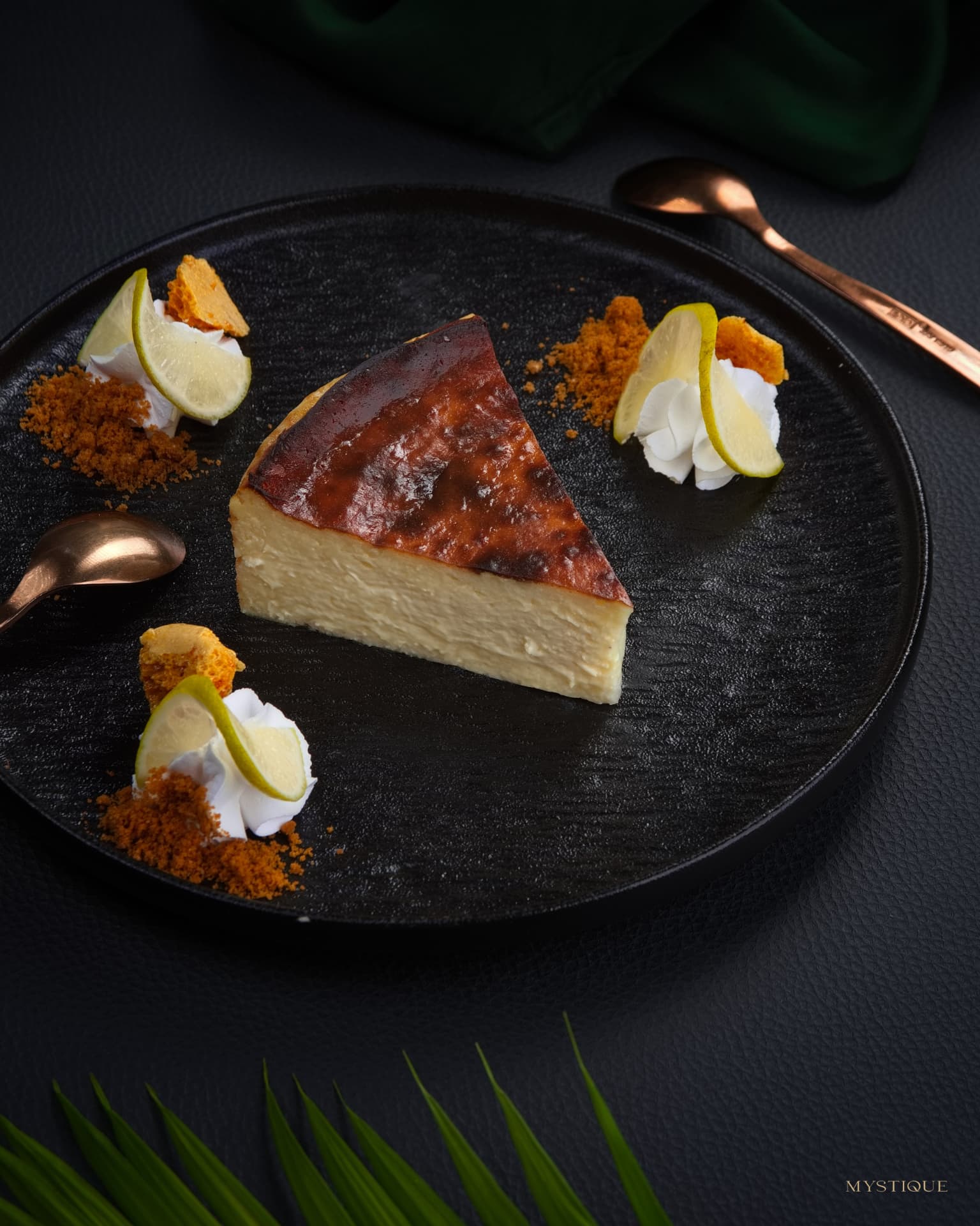 Burnt Basque cheesecake with lime and biscuit crumble